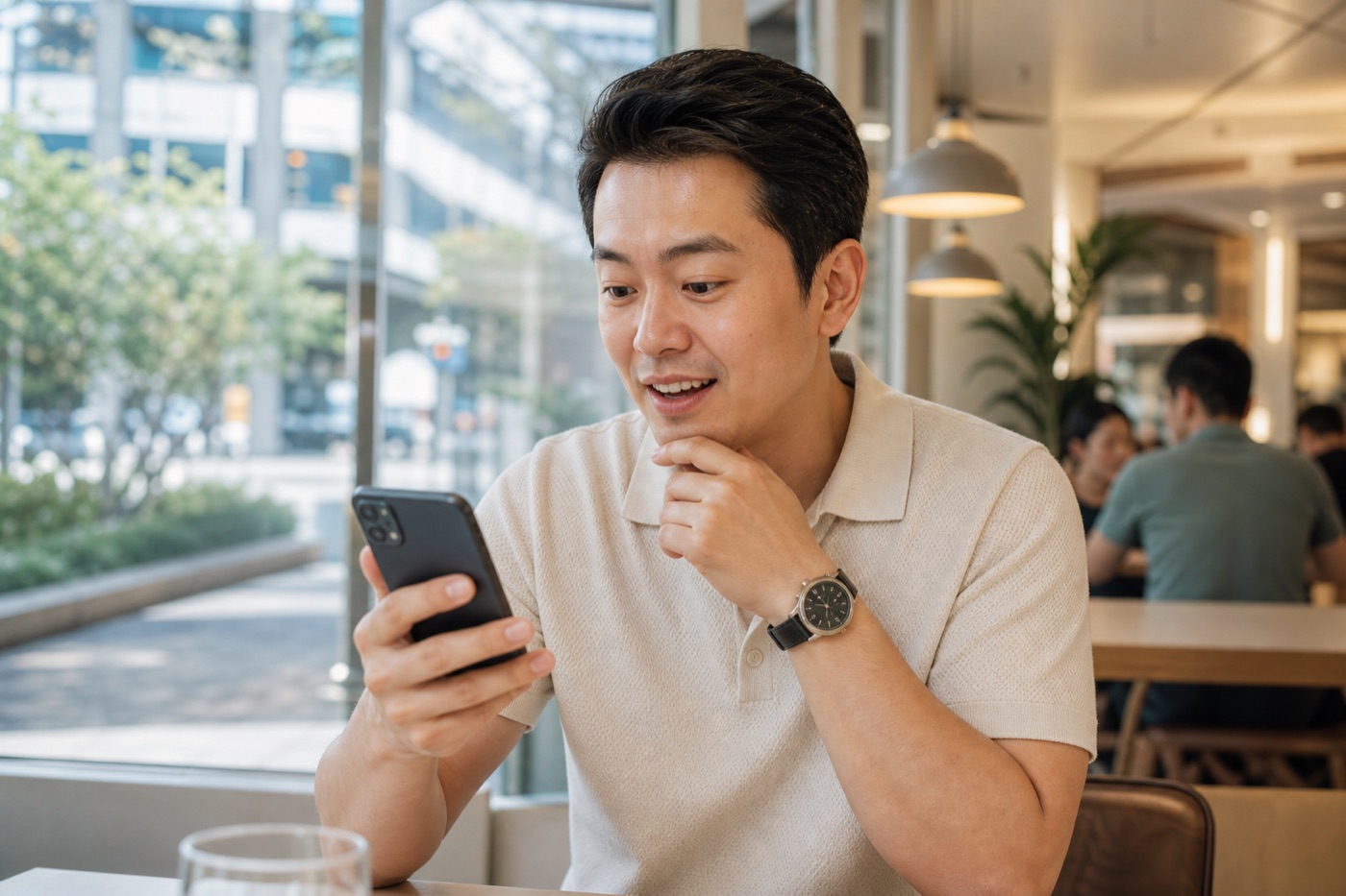 Asian adult reacting with pleasant curiosity while checking a smartphone