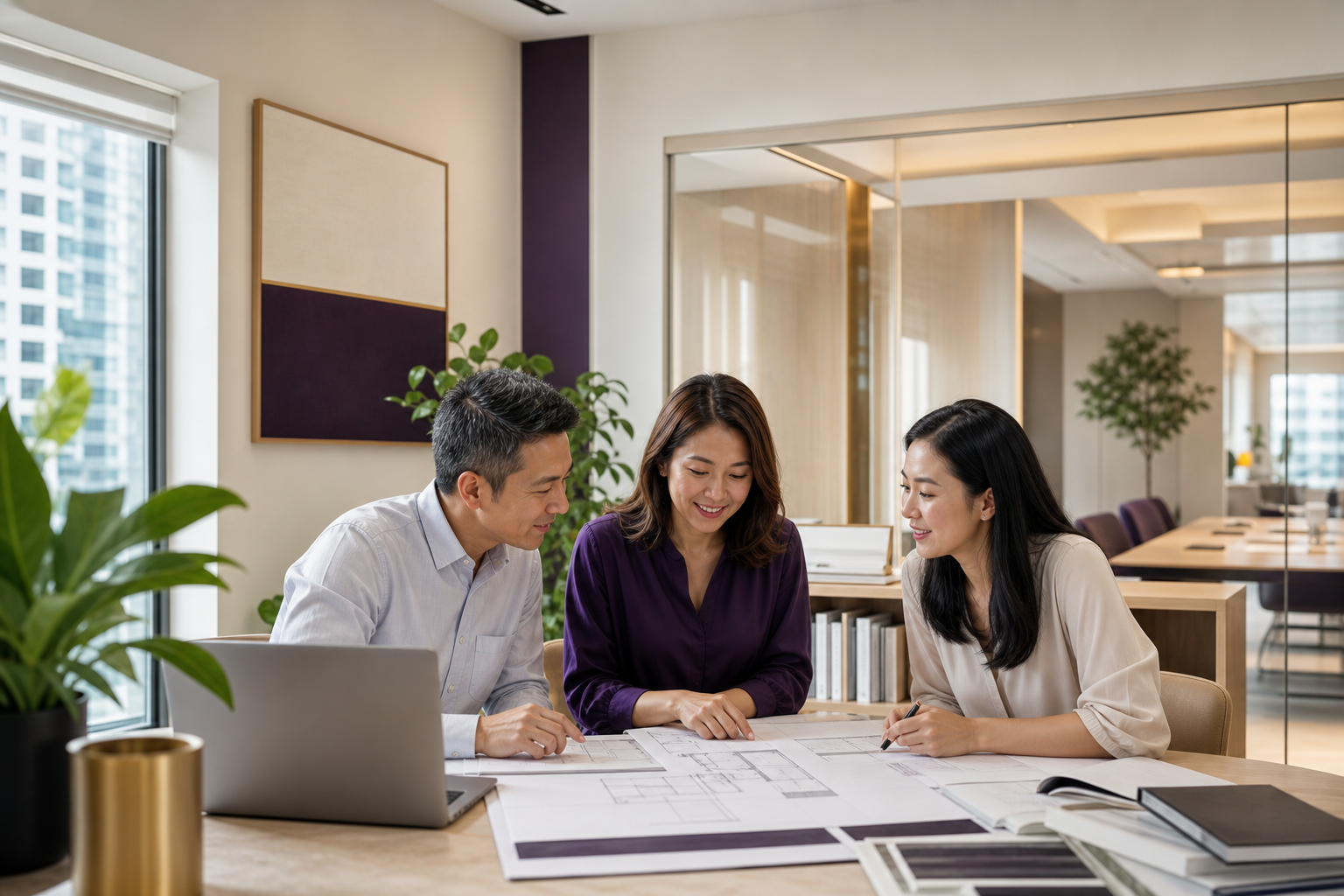 Asian professional team reviewing an office floor plan in a calm modern workplace