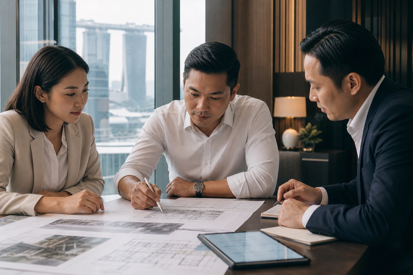 Asian business team reviewing a strategic plan with focus and clarity